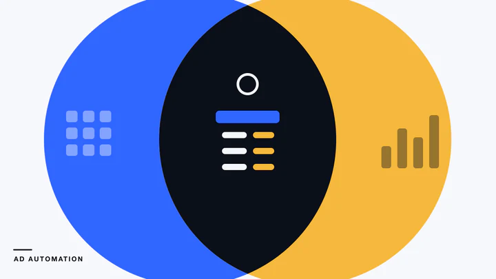 Two huge overlapping circles, one blue and one amber, with a dark shared area holding a small joined table.