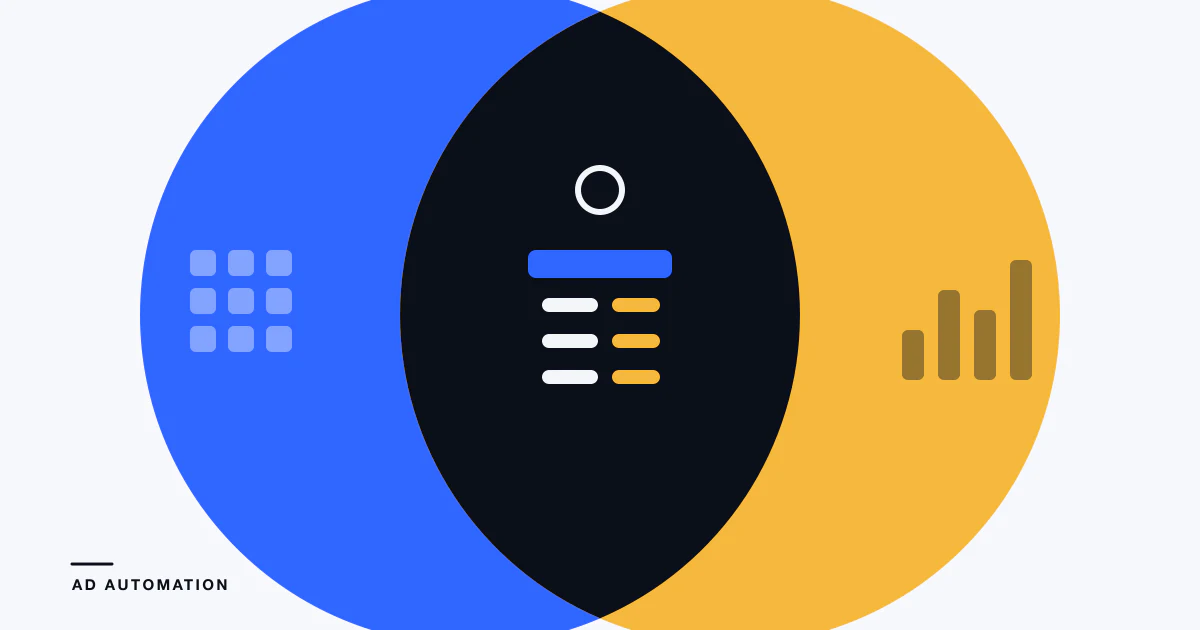 Two huge overlapping circles, one blue and one amber, with a dark shared area holding a small joined table.
