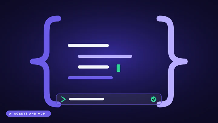 A pair of oversized curly braces around lines of abstract code, with a terminal prompt strip below.