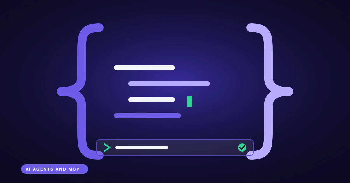 A pair of oversized curly braces around lines of abstract code, with a terminal prompt strip below.