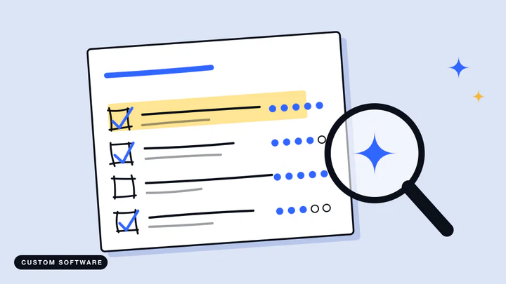 A sketched checklist on tilted paper with ticks and scores, next to a large magnifying glass.