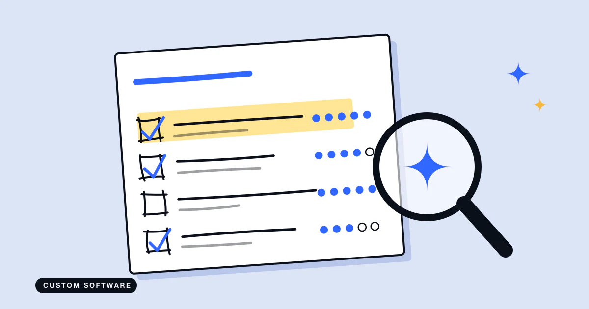 A sketched checklist on tilted paper with ticks and scores, next to a large magnifying glass.