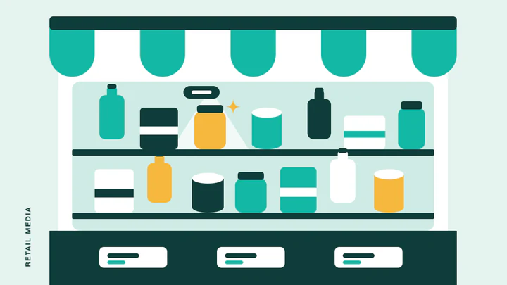 A flat illustration of a shop front with an awning and shelves of products, one product lit by a spotlight with an ad flag.