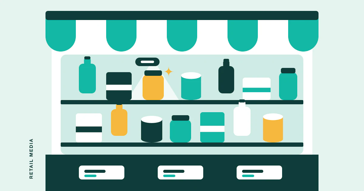 A flat illustration of a shop front with an awning and shelves of products, one product lit by a spotlight with an ad flag.